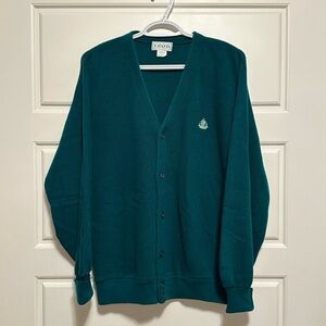 Vintage 1980s Izod classic dark green cardigan, golfing sweater, knit size large